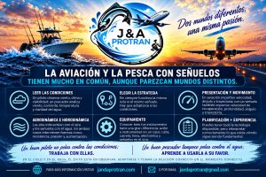 Avión en una pista y embarcación de pesca junto a una comparación entre aviación y pesca con señuelos de J&A Protran.