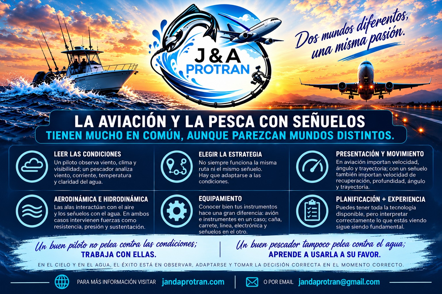 Avión en una pista y embarcación de pesca junto a una comparación entre aviación y pesca con señuelos de J&A Protran.